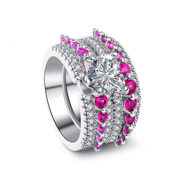 Creative Design Heart Cut Fuchsia Cz S925 Sterling Silver Rings Wedding Sets