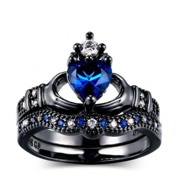 Black Gold Plated Blue Diamond Claddagh Engagement Ring Set