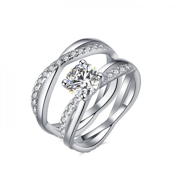 Concise S925 Sterling Silver Round Cubic Zirconia Engagement Ring Set ...
