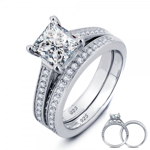 Lovely Radiant Cubic Zirconia S925 Sterling Silver Bridal Ring Set