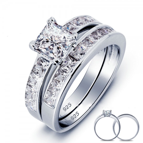 Extraordiary S925 Sterling Silver Round Cubic Zirconia Wedding Ring Set