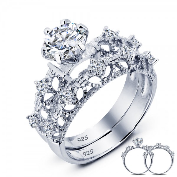 Wondrous S925 Sterling Silver Hollowed Round Cubic Zirconia Bridal Ring Set