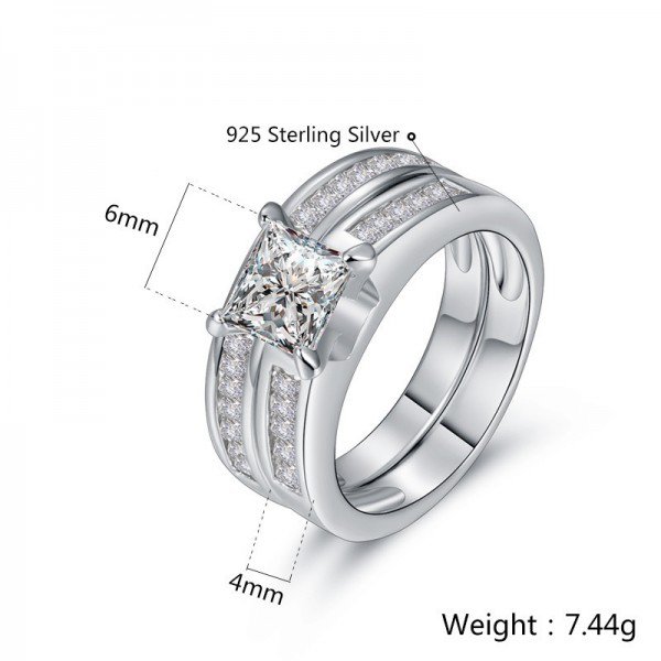 925 Sterling Silver Ring For Women Inlaid Cubic Zirconia Square Design ...