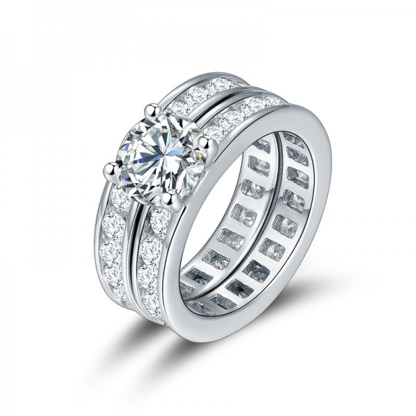 Fabulous S925 Sterling Silver Round Cubic Zirconia Ring Set