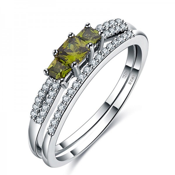 Lovely S925 Sterling Silver Olive Green Cubic Zirconia Ring Set