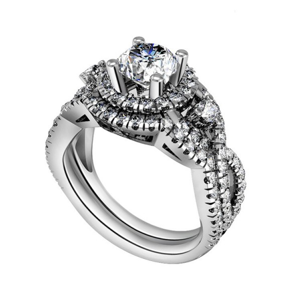 Hot Selling S925 Sterling Silver Round White Sapphire Cubic Zirconia Engagement Ring Set