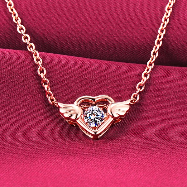 Heart With Wings Rose Gold Color ESCVD Diamonds Fashionable Women Necklaces Gift Necklaces