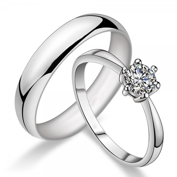 925 Silver Ring For Couples Inlaid Cubic Zirconia Simple and Elegant Style 