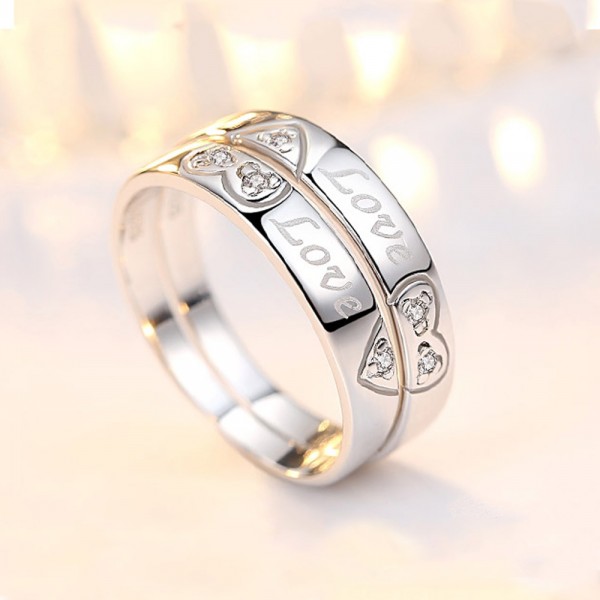 925 Silver Ring For Couples Inlaid Cubic Zirconia Heart-shaped Pattern Love Engraving 