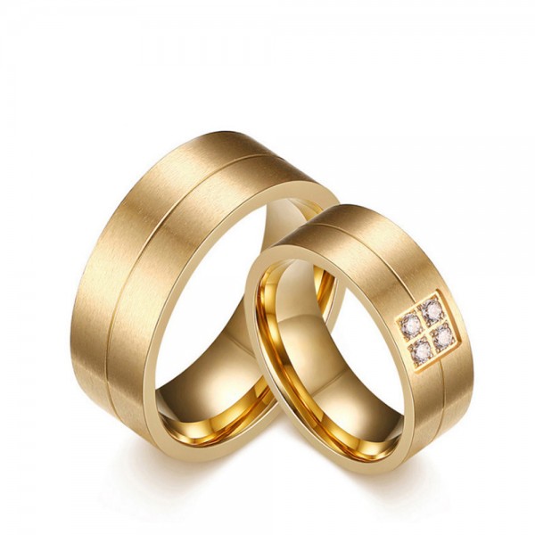 Stainless Steel Golden Ring For Couples Gold-plating Inlaid Cubic Zirconia Simple and Fashion Style Matte Surface