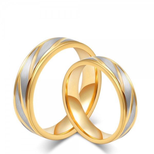 Titanium Silvery and Golden Ring For Couples Diagonal Pattern Luxury and Fashion Style 
