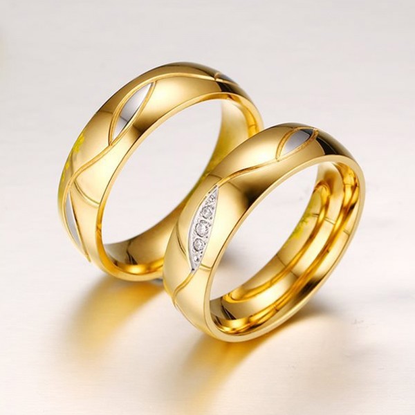 Titanium Golden Ring For Couples Inlaid Cubic Zirconia Gold-plating ...