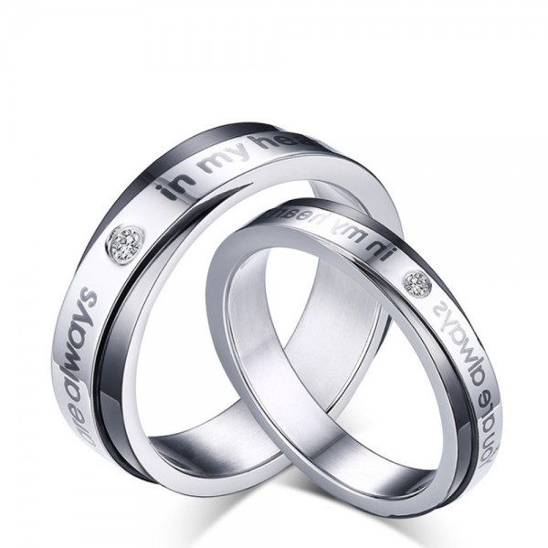 Titanium Silvery and Black Ring For Couples Inlaid Cubic Zirconia Youre Always In My Heart Engraved