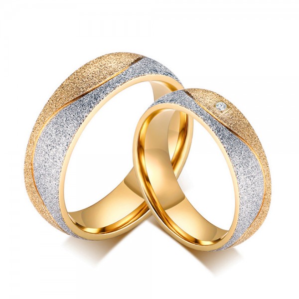 Titanium Silvery and Golden Ring For Couples Inlaid Cubic Zirconia Luxury and Vogue 
