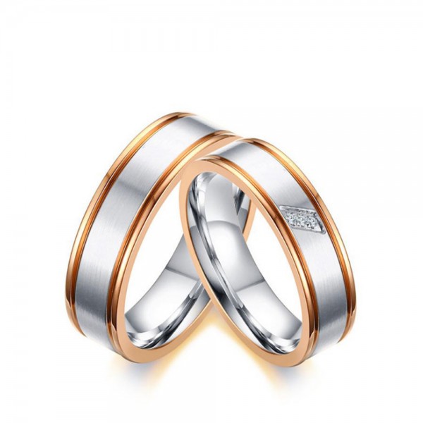 Stainless Steel Silvery Ring For Couples Inlaid Cubic Zirconia Rose Gold-plating Luxury and Simple