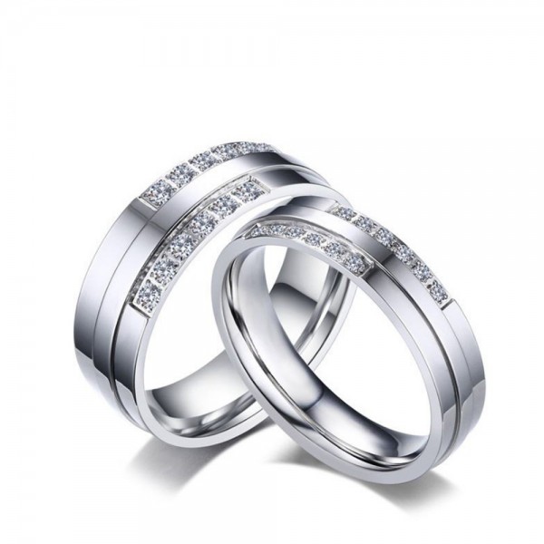 Stainless Steel Silvery Ring For Couples Inlaid Cubic Zirconia Simple and Unique Design
