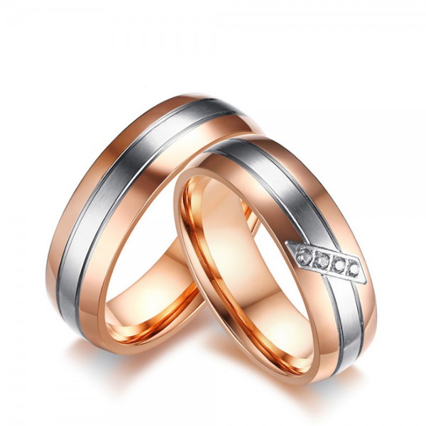 Titanium Silvery and Rose Gold Ring For Couples Inlaid Cubic Zirconia Luxury and Fashion