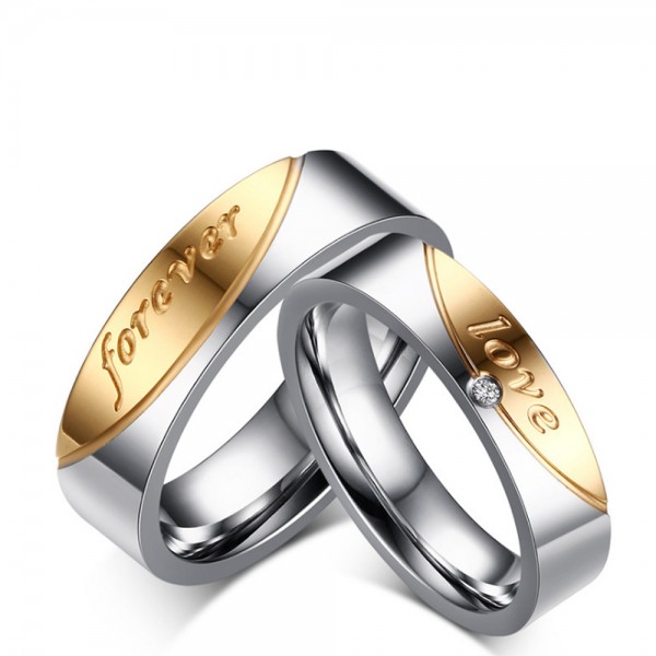 Titanium Silvery Ring For Couples Inlaid Cubic Zirconia Gold-plating Simple and Fashion Forever Love Engraved