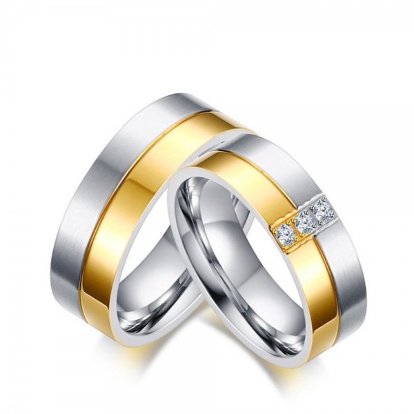 Titanium Silvery and Golden Ring For Couples Inlaid Cubic Zirconia Simple and Luxury Inner Arc Design