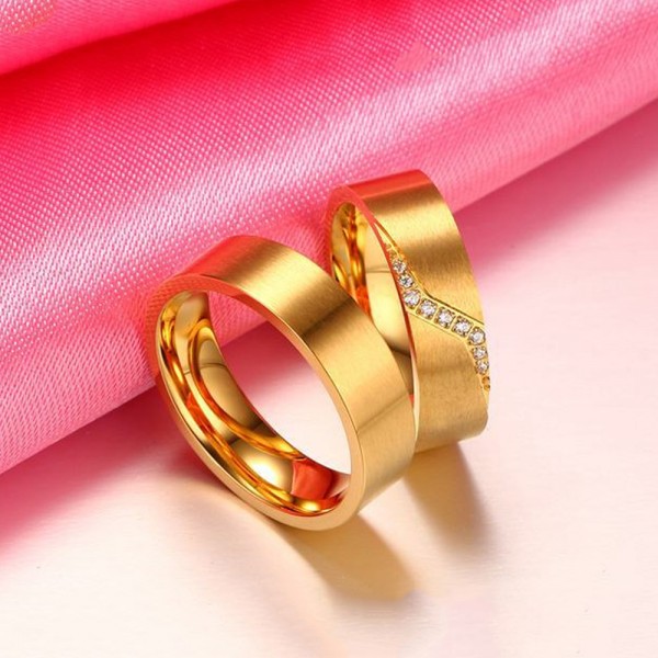 Titanium Golden Ring For Couples Inlaid Cubic Zirconia Simple and ...