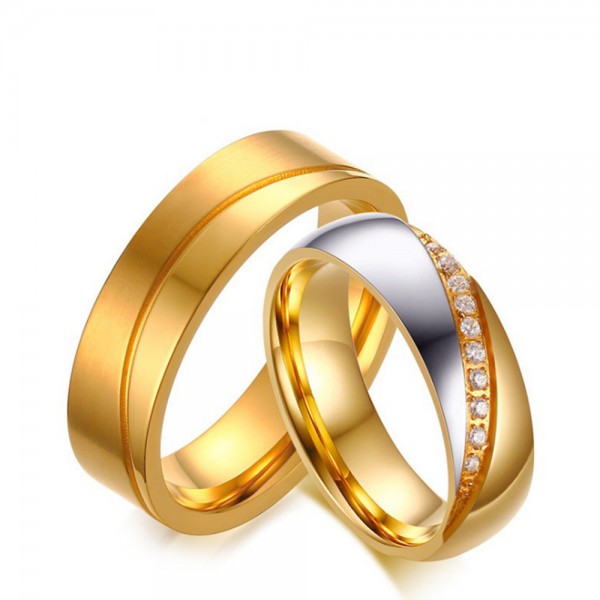Stainless Steel Golden Ring For Couples Inlaid Cubic Zirconia Fluted Craft Luxury and Exquisite