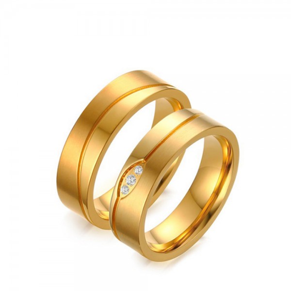Stainless Steel Golden Ring For Couples Inlaid Cubic Zirconia Luxury  Liberality and Beautiful Fluted Craft