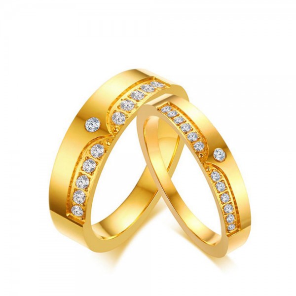 Stainless Steel Golden Ring For Couples Luxury and Liberality Inlaid Cubic Zirconia Crown Design