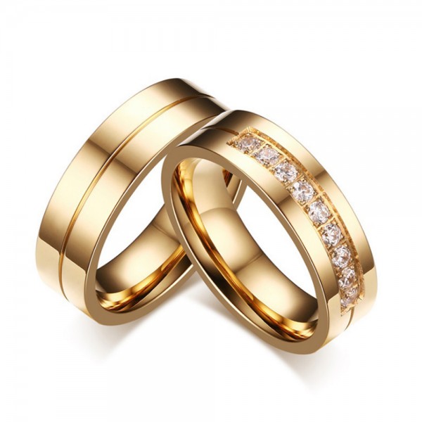 Titanium Golden Ring For Couples Inlaid Cubic Zirconia Luxury and Simple