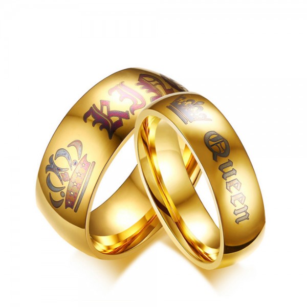 Stainless Steel Golden Ring For Couples King and Queen Engraved Punk and Fashion Style Crown Pattern
