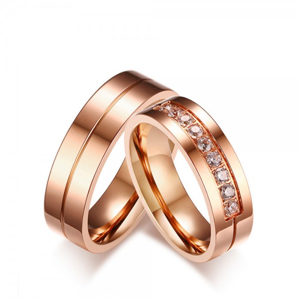 Titanium Rose Gold Ring For Couples Inlaid Cubic Zirconia Luxury and Simple Fluted Craft