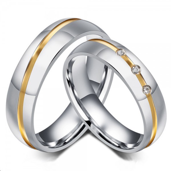 Stainless Steel Silvery Ring For Couples Inlaid Cubic Zirconia Gold-plating Simple and Fashion