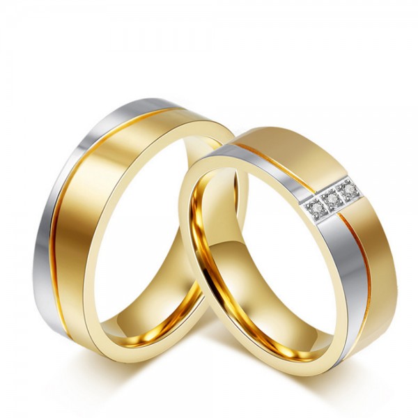Titanium Silvery and Golden Ring For Couples Liberality and Luxury Inlaid Cubic Zirconia Fluted and Polish Craft