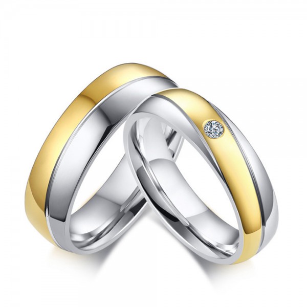 Stainless Steel Silvery and Golden Ring For Couples Simple and Fashion Inlaid Cubic Zirconia Fluted Craft