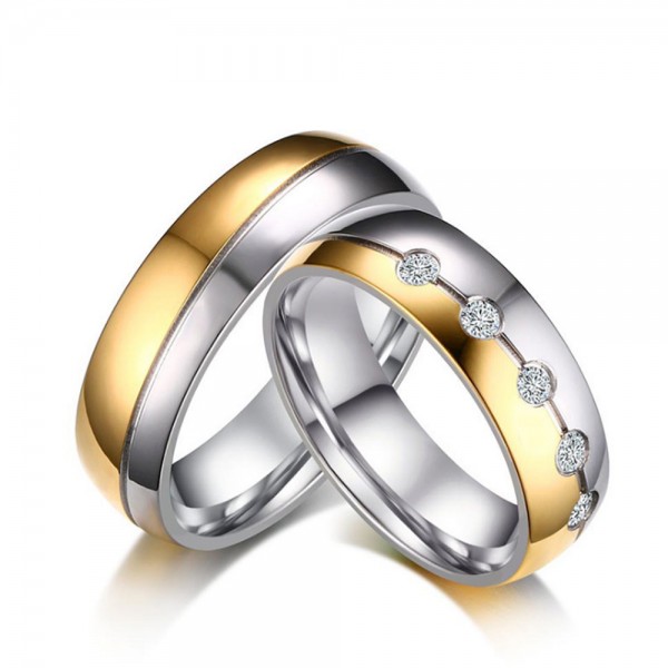 Titanium Silvery and Golden Ring For Couples Simple and Luxury Inlaid Cubic Zirconia Polish Craft