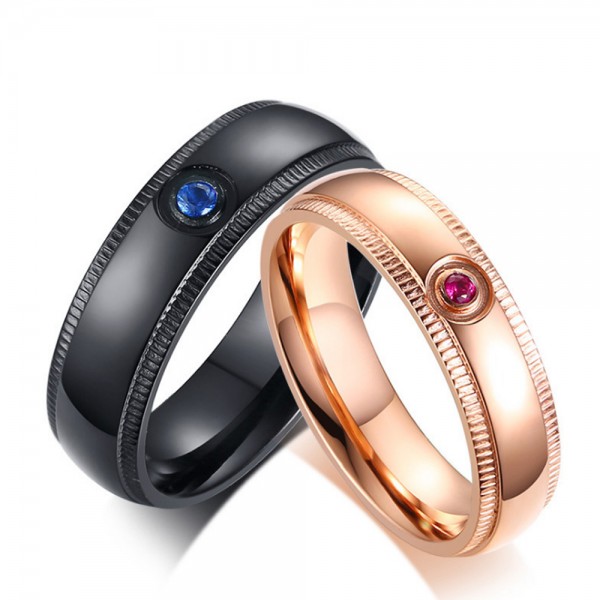 Titanium Black and Rose Gold Ring For Couples Inlaid Blue Diamon and Pink Diamond Gear Wheel Design Fashion and Classic