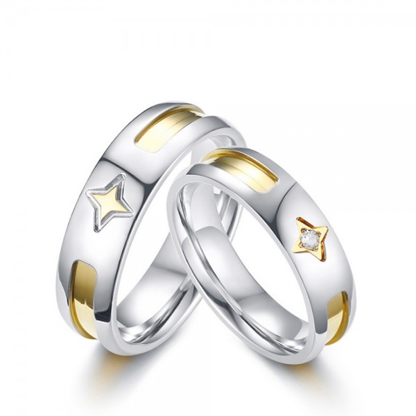 Stainless Steel Silvery Ring For Couples Stars Pattern Inlaid Cubic Zirconia Unique and Beautiful