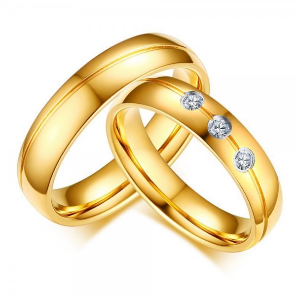 Stainless Steel Golden Ring For Couples Luxury and Fashion Inlaid Cubic Zirconia Fluted Craft