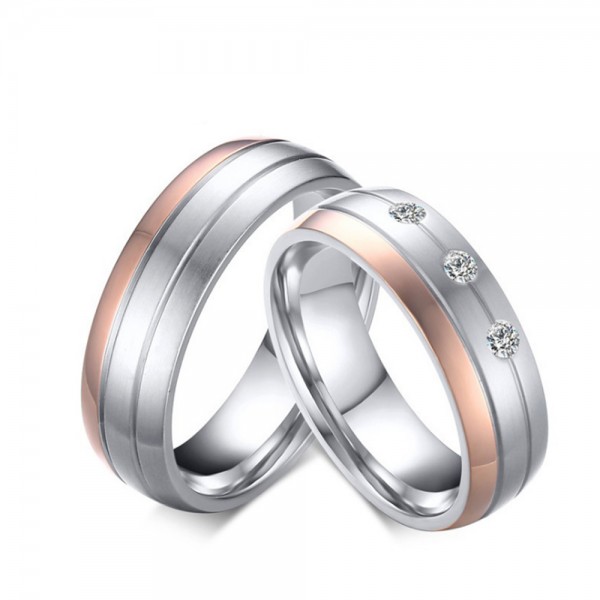 Stainless Steel Silvery Ring For Couples Rose Gold-plating Simple and Fashion Inlaid Cubic Zirconia Fluted Craft