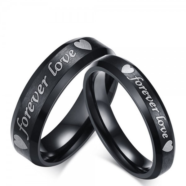 Stainless Steel Black Ring For Couples Simple and Cool Forever Love Engraved Heart Pattern Brushed Surface