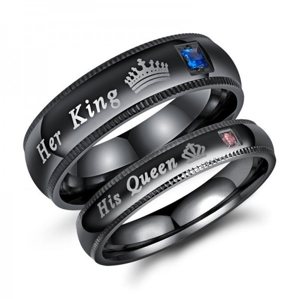 Stainless Steel Her King His Queen Engraved Inlaid Blue Diamond and Pink Diamond Fashion and Liberality