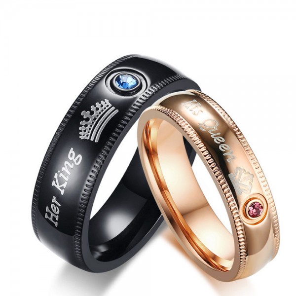 Stainless Steel Black and Rose Gold Ring For Couples Her King His Queen Engraved Inlaid Blue Diamond and Pink Diamond Fashion and Liberality