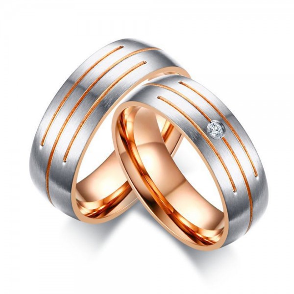 Stainless Steel Silvery and Rose Gold Ring For Couples Simple and Fashion Fluted Craft