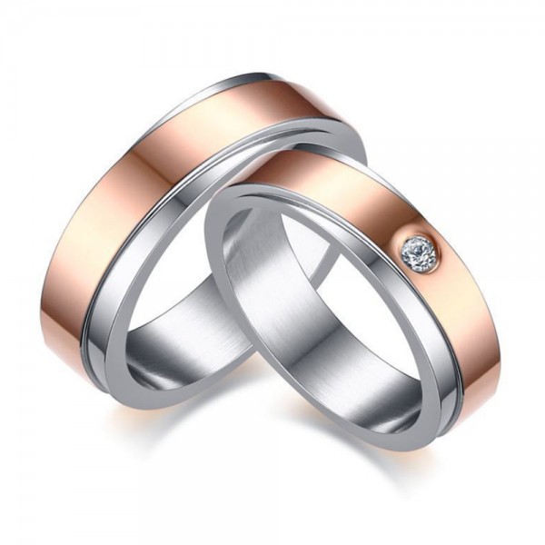 Titanium Silvery and Rose Gold Ring For Couples Inlaid Cubic Zirconia Fashion and Liberality