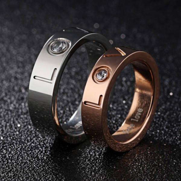 Titanium Silvery and Rose Gold Ring For Couples Inlaid Cubic Zirconia Fashion and Exquisite Love Engraved