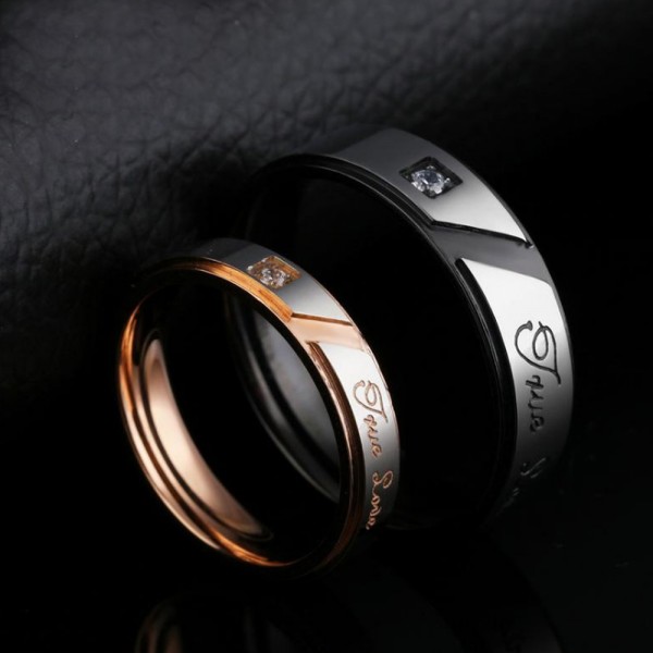 Titanium Silvery Ring For Couples Inlaid Cubic Zirconia Plating Black and Rose Gold Unique and Exquisite Love Engraved