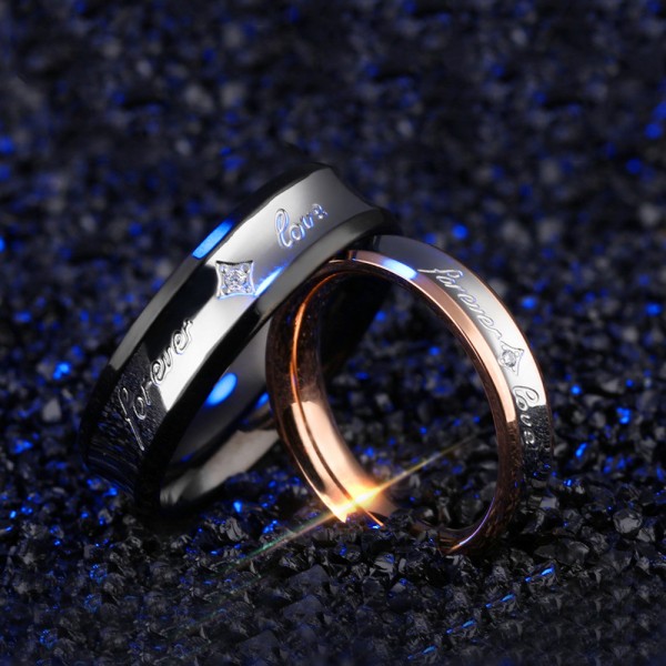 Titanium Silvery Ring For Couples Plating Black and Rose Gold Simple and Fashion Style Forever Love Engraved Inlaid Cubic Zirconia 