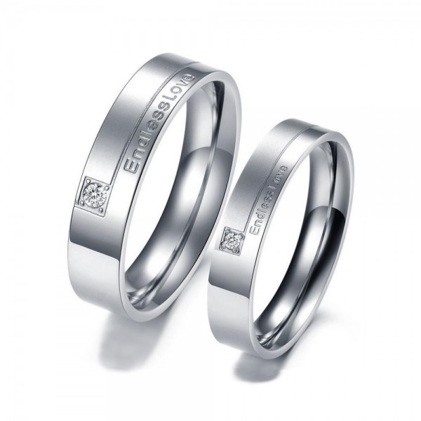 Titanium Silvery Ring For Couples Inlaid Cubic Zirconia Endless Love Engraved Simple and Fashion