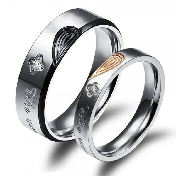 Titanium Silvery Ring For Couples Inlaid Cubic Zirconia Unique and Fashion Fingerprint Heart Pattern Design The World Changed Us Engraved
