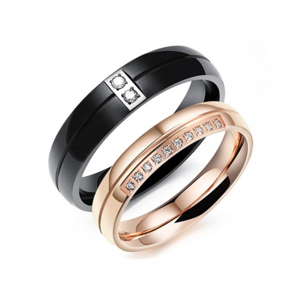 Titanium Black and Rose Gold Ring For Couples Inlaid Cubic Zirconia Fluted Craft Simmple and Liberality