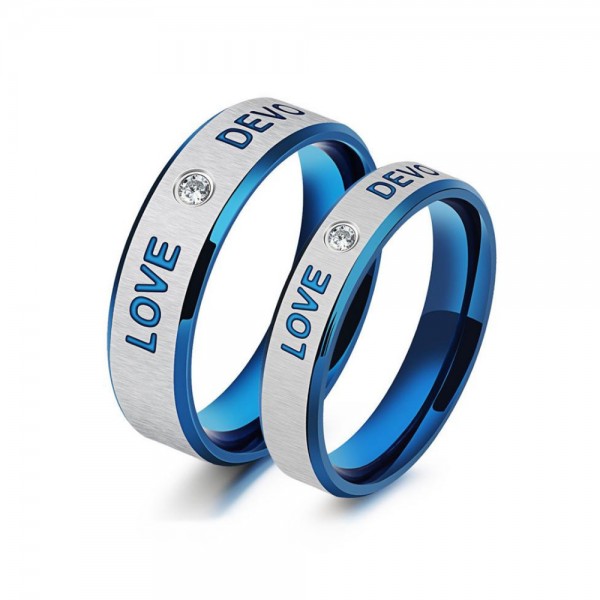 Titanium Blue Ring For Couples Inlaid Cubic Zirconia Simple and Fashion Love Devotion Engraved